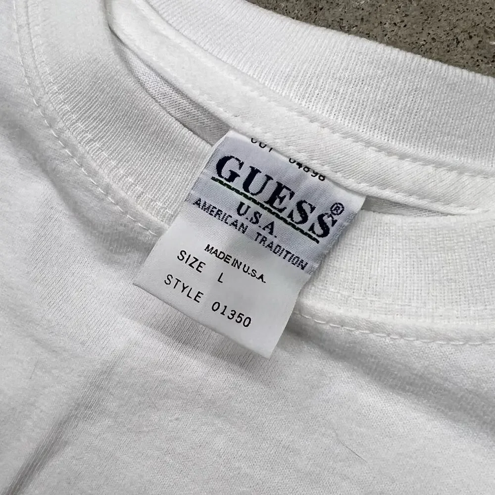 Vintage 90s Guess Jeans ? Question Mark Tee T Shirt Double Sided USA Made White - Picture 2 of 9
